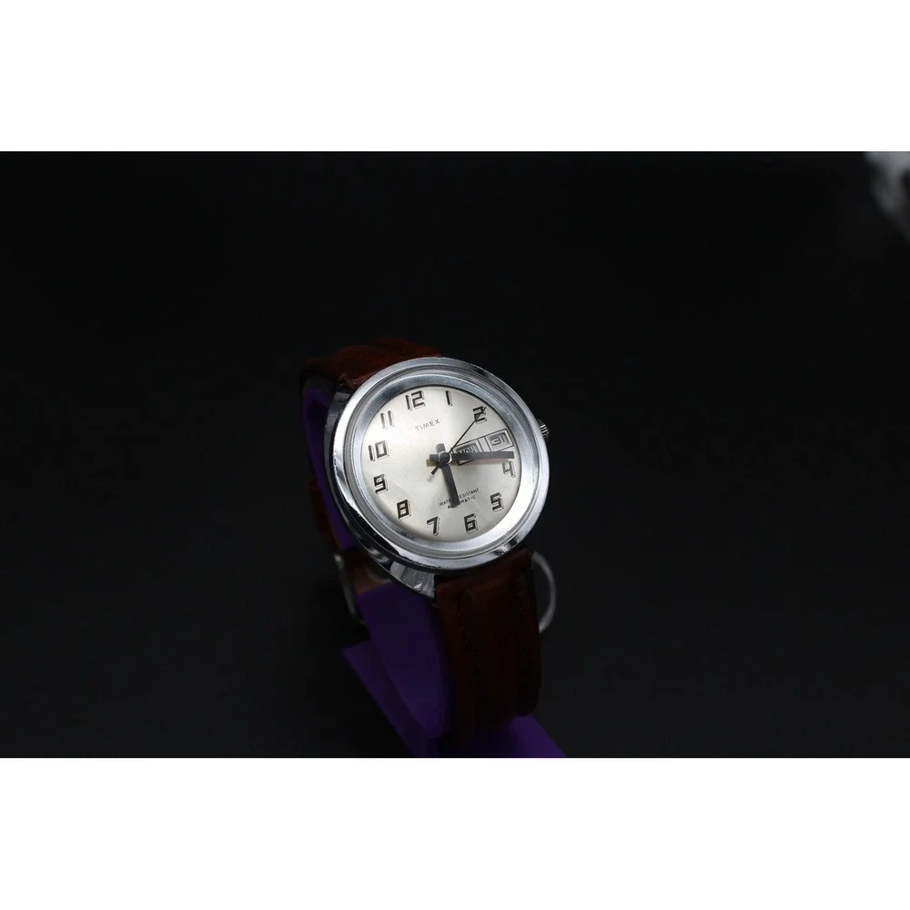 Vintage Timex Automatic Day-Date Men's Watch – Silver Dial, New Leather Strap